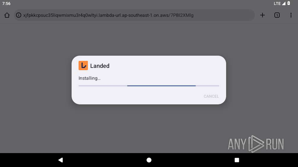 The phishing page on the AWS Lambda URL installs the dropper “Landed” (com.nytx.fyijyki.ymkksb)