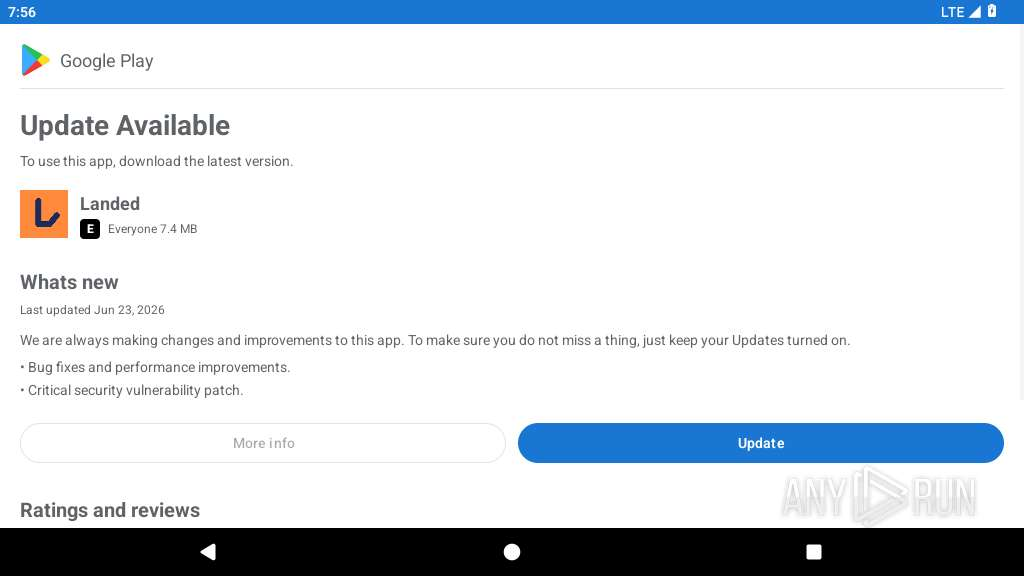 The dropper shows a fake Google Play “Update Available” page