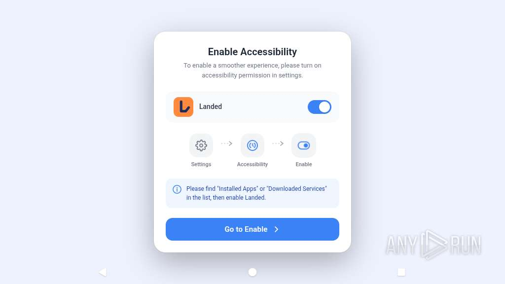 The payload asks the user to enable the Accessibility service for “Landed”