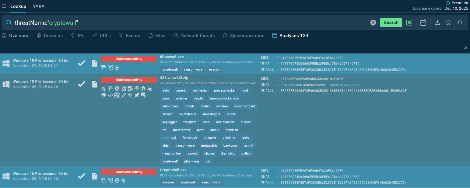 CryptoWall samples found via TI Lookup