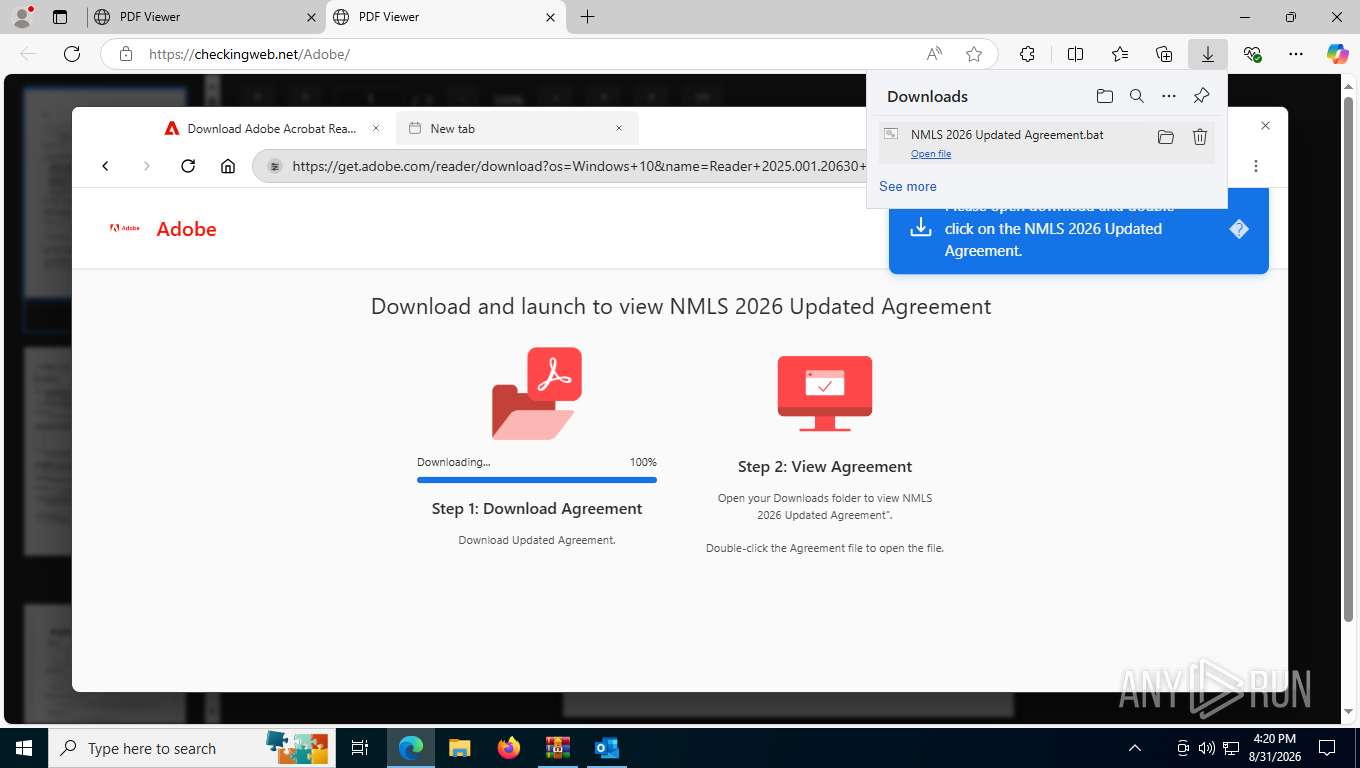 The fake Adobe download page and the batch file it hands over