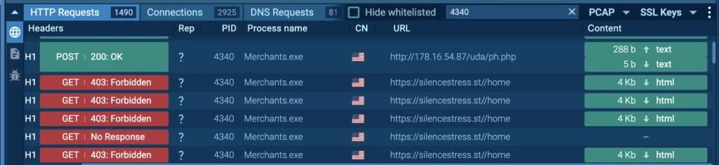 DDoS attack targeting a domain, exposed inside ANY.RUN sandbox